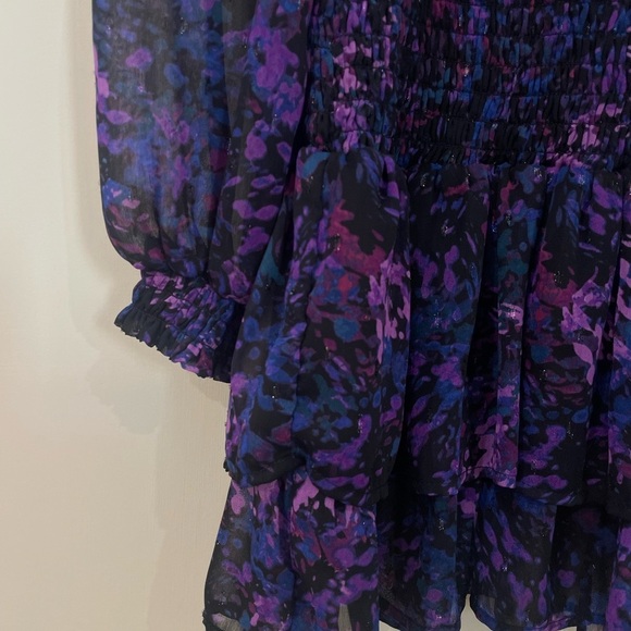 Aqua Purple Pattern Smocked Mini Dress Long Sleeves High Neck Size Small - Picture 7 of 13